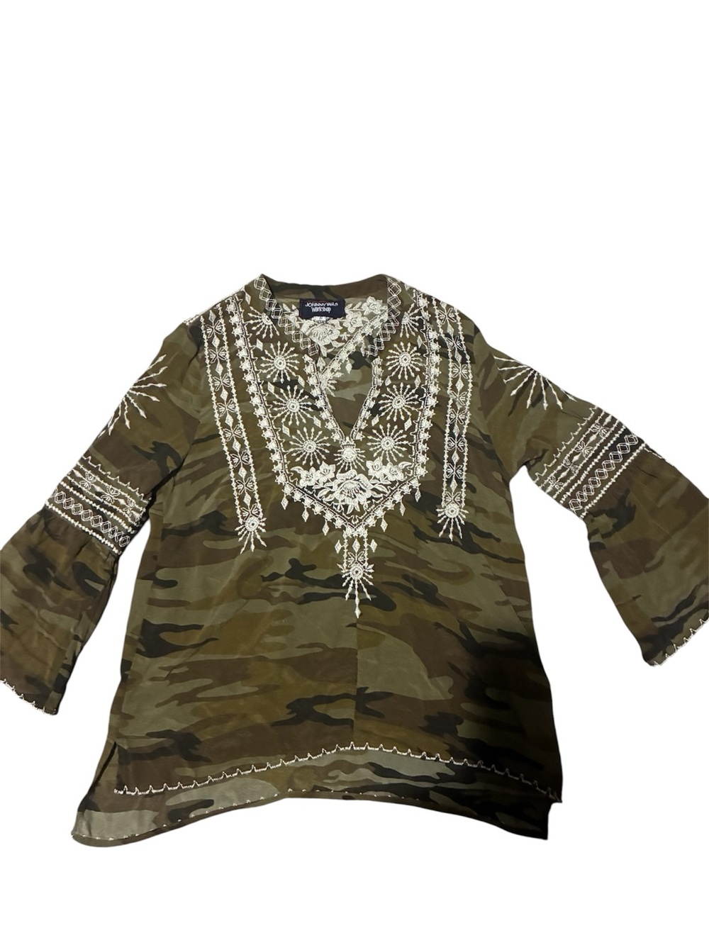 Johnny Was Olive Camo Tunic with White Floral Embroidery